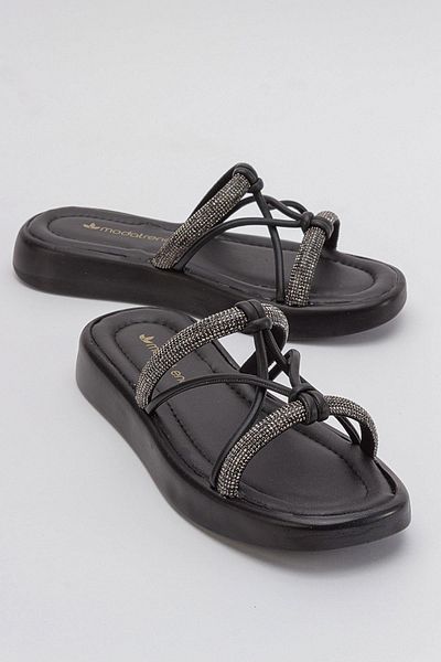 Ccway Papuci plati pentru femei Black Stone cu 2 dungi