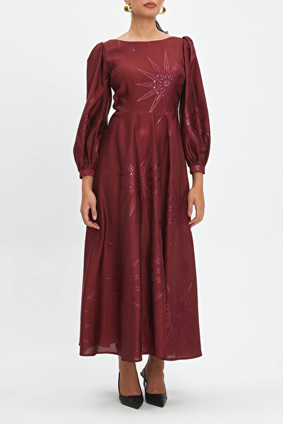 SERPİL Kendinden Desenli Bisiklet Yaka Kloş Etekli Bordo Elbise 40345