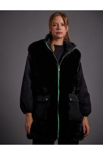 Kayra Faux Plush Garnished Coat Black