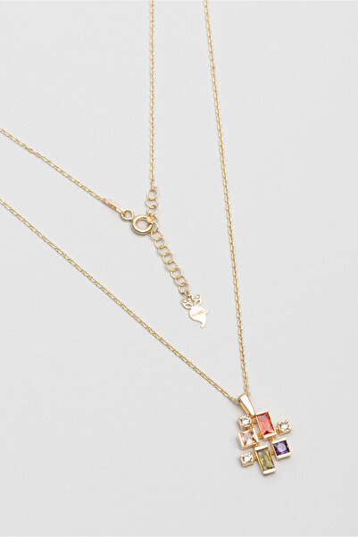 So CHIC... 18 Ayar Sarı Altın Kaplama Renkli Baget Taşlı 45 Cm Tasarım Gümüş Kolye