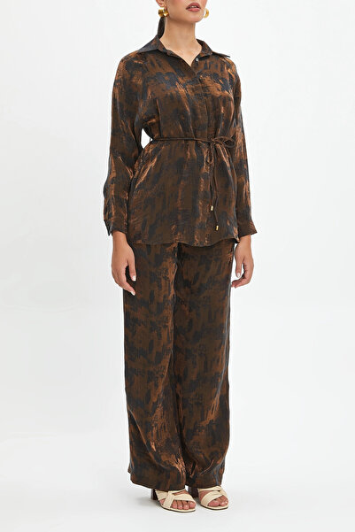 SERPİL Kendinden Desenli Belden Bağcıklı Cepli Gömlek Yaka Antrasit Takım 40301