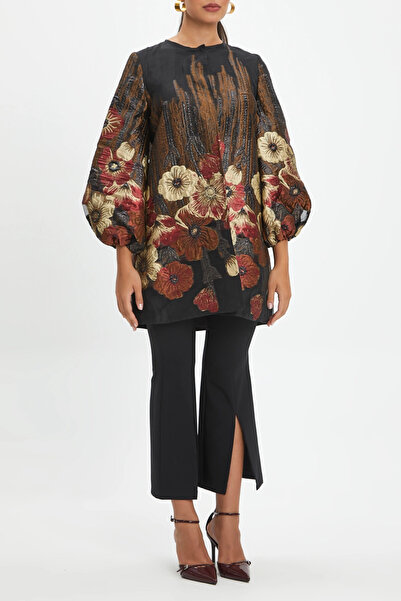 SERPİL Truvakar Balon Kollu Bisiklet Yaka Jakar Kumaş Çiçek Desenli Bordo Kap...