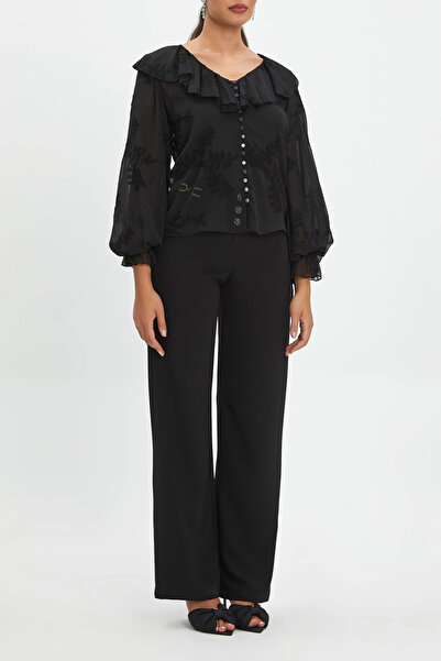 SERPİL Fırfır Yaka Önden Düğmeli Nakışlı Kol Ucu Volanlı Siyah Gömlek 37333