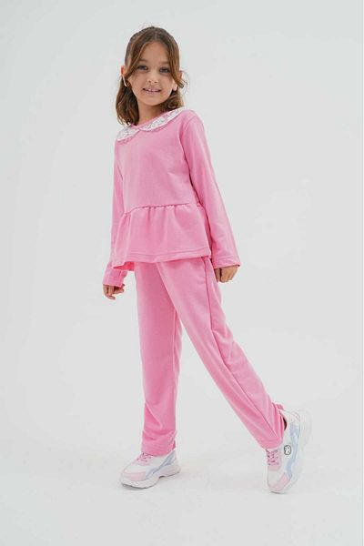 DEVRİMAY TEKSTİL 2-Piece Lace Detailed Girl's Tracksuit Set - 2 Thread Pink Medium Thickness