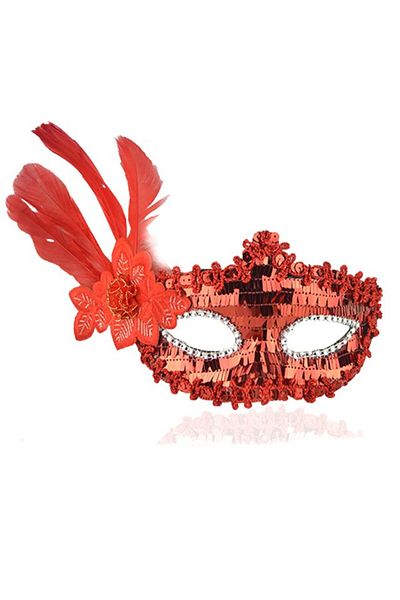 CEKAVE Red Sequined Sequin Red Color Side Feather Party Mask 18x22 Cm