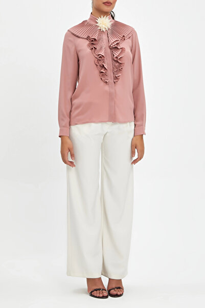 SERPİL Yaka Fırfır ve Çiçek Broşlu Düğmeli Pudra Gömlek 40256