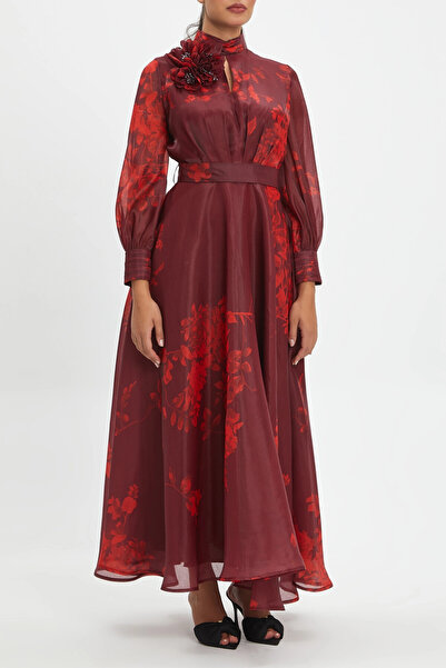 SERPİL Çiçek Aksesuarlı Kloş Kesim Kemerli Çiçek Desenli Bordo Elbise 40385