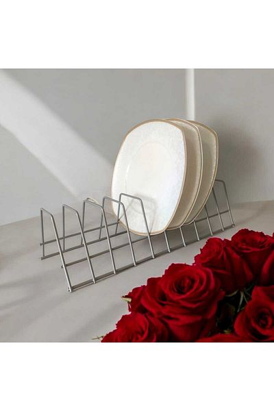 EceAksesuar Plate Rack - Pot Lid Organizer - Plate Drying Rack - 10 Compartments Gray Stand