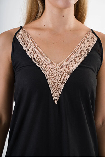 hazelin Black V-Neck Rope Strap Guipure Detailed Pleated Skirt Dress Hzl24S-Yy244