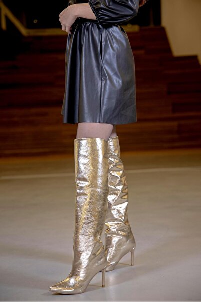 FSKOMBİN Graceful Women's Gold Metallic Above Knee Thin Heeled Boots