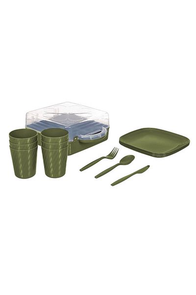 Piev Urve 6-Person Camping Travel Picnic Set and Tea Cup Carrying Apparatus Container 2 in 1 Green