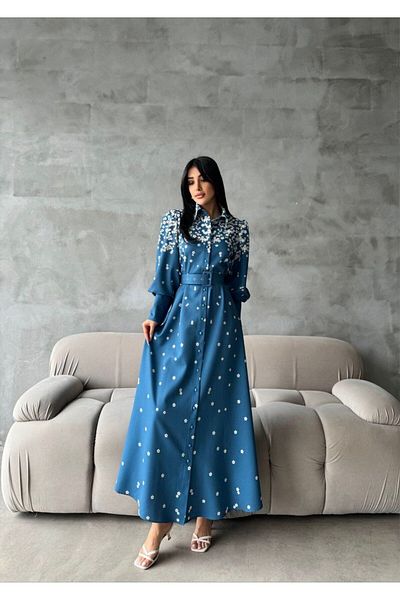 WellWay Rochie din stofă Atlas (CUREA INCLUSĂ)-albastru-4229