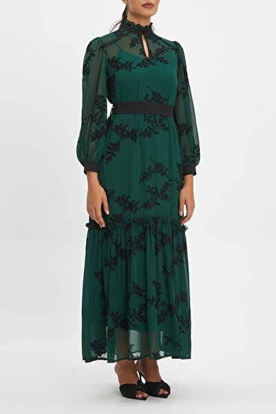 SERPİL Belden Kuşaklı Truvakar Kol Fırfırlı Çiçek Desenli Uzun Petrol Siyah E...