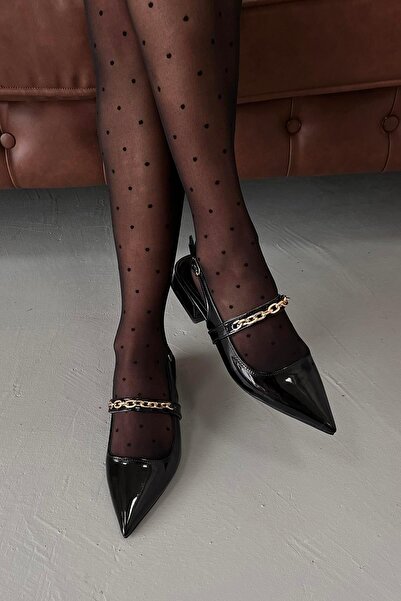 STRASWANS Karissa Women's Chain Detail Heeled Patent Leather Shoes Black