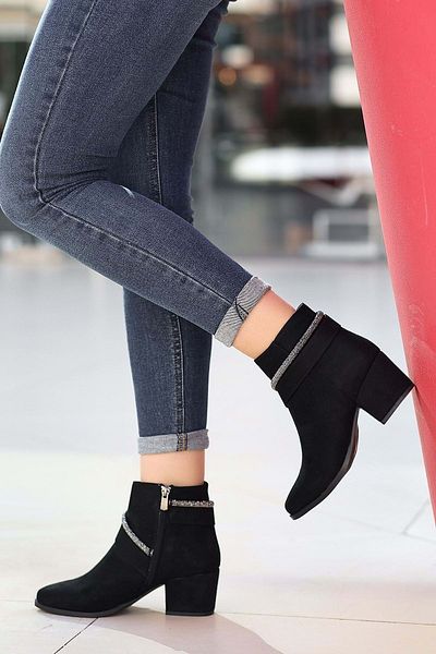 Kids Club Shoes Feles Stripe Stone Λεπτομερείς Γυναικείες Μπότες ΜΑΥΡΟ-SUEDE