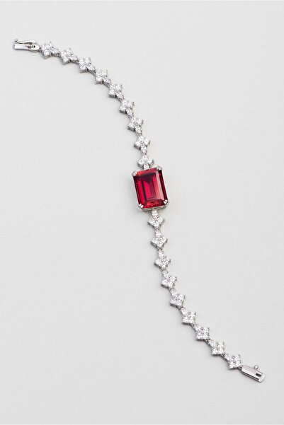 So CHIC... Created Ruby Taşlı 18 Ayar Beyaz Altın Kaplama 17 Cm Gümüş Baget Bileklik