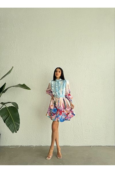 WellWay Rochie scurtă din țesătură Atlas (CUREA ESTE INCLUSĂ) Albastru-2415 NHN113