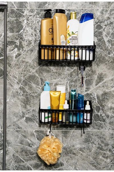 Hane216 Organizer μπάνιου 2 τεμαχίων - Αυτοκόλλητο ράφι και θήκη σαμπουάν Λευκό ράφι ντους