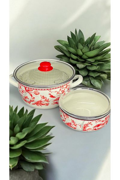 emaye market 22cm Enamel Chips Vegetable French Fries Pot Fryer and 18cm Enamel Storage Container Suit Set
