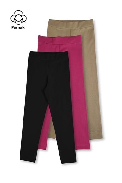 TWOO KİDS Fekete fukszia bézs lycra kényelmes hosszú leggings lányoknak - három darabos készlet