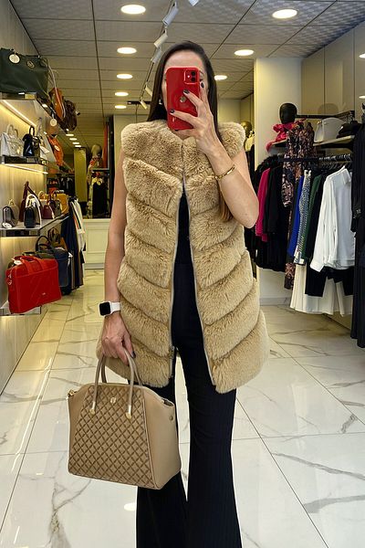 Vosse Trench Camel Zippered Fur Vest