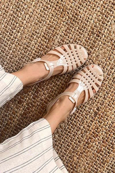 STRASWANS Regina Beige Patent Leather Sandals - Women, Buckle Detailed