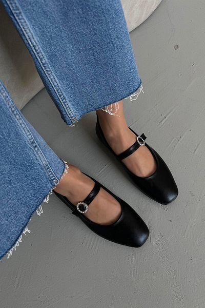 STRASWANS Berny Women's Belt Detail Leather Ballerinas Black