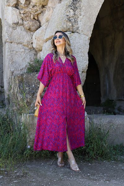 bytugcekaya Cherry Color Dress with Bat Sleeve and Slit Detail