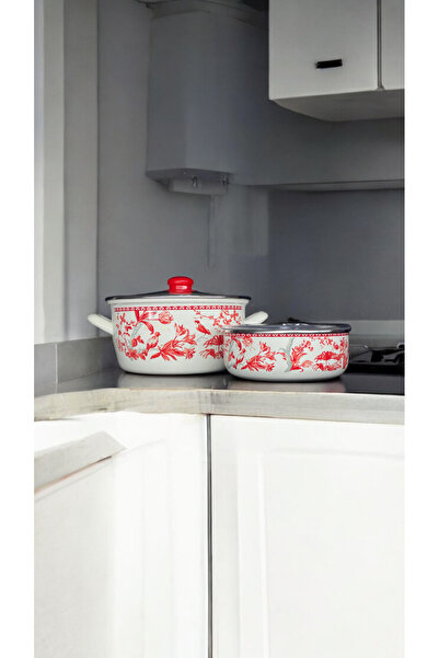 emaye market 22cm Enamel Chips Vegetable French Fries Pot Fryer and 18cm Enamel Storage Container Suit Set