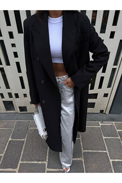 Hotfashion Çift Cep Düğmeli Uzun Ceket  Siyah