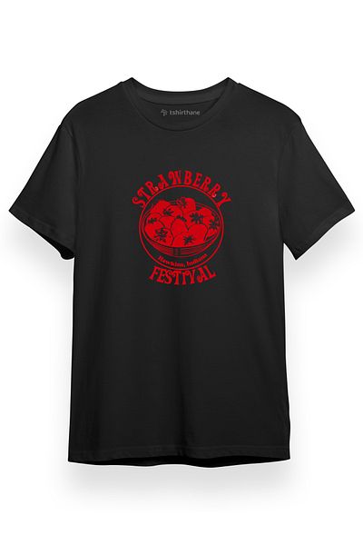 Tshirthane Stranger Things Strawberry Festival Μαύρο κοντομάνικο ανδρικό μπλουζάκι