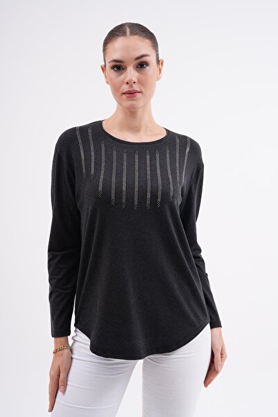 charamela بلوزة نسائية بأكمام طويلة وتفاصيل حجرية مقاس كبير - bgb25