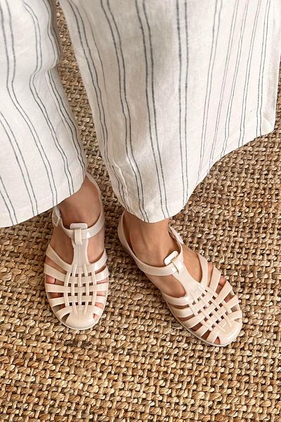 STRASWANS Regina Beige Patent Leather Sandals - Women, Buckle Detailed