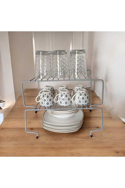 EceAksesuar Blue Colored 2-Tier Organizer Shelf - Cup and Organizing Shelf, Countertop Metal Shelf