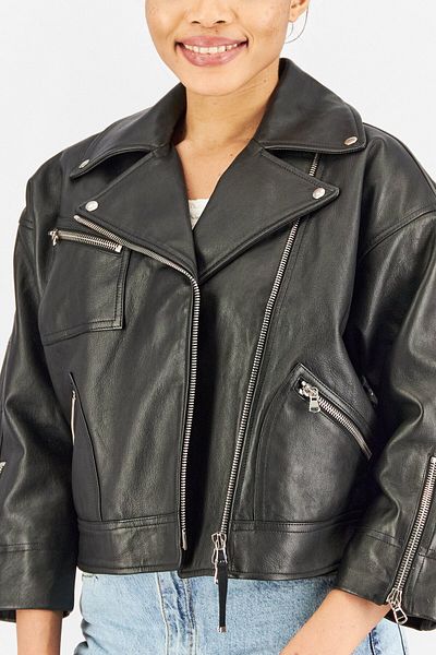 Diesel Women Long Sleeve Leather Jacket, Black