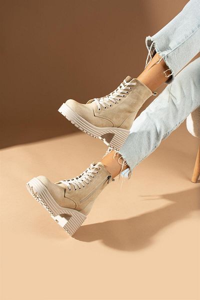 ShoeTek Anisa Γυναικείες Μπότες & Μποτάκια Lace Up Platform Σόλα Μπεζ Suede