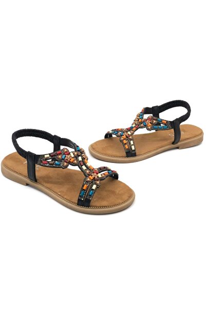 KOCAMANLAR Feles Flat Sole Star Bead Λεπτομερή Γυναικεία Σανδάλια ΜΑΥΡΟ