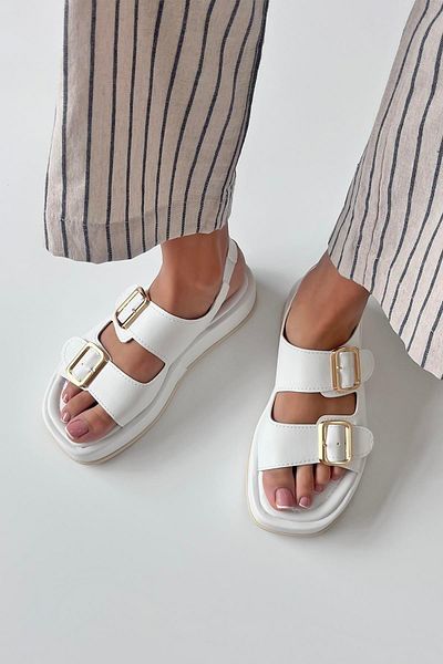 STRASWANS Renato Women's - White Leather Casual Sandals with Buckle Detail