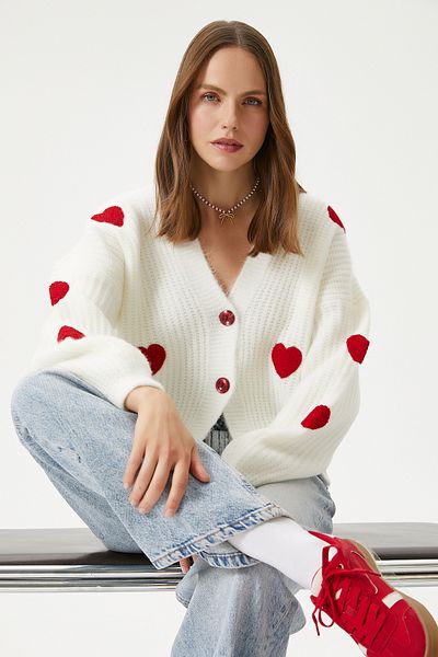 Ritnice Women's Cozy Red Heart Embroidered Knitwear Cardigan