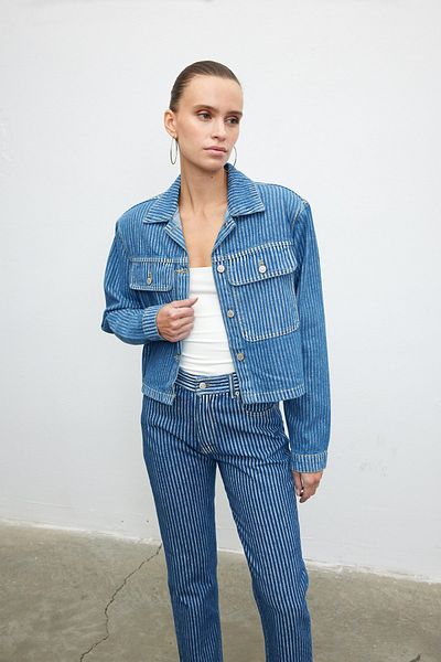 VATKALI Jachetă crop din denim cu dungi