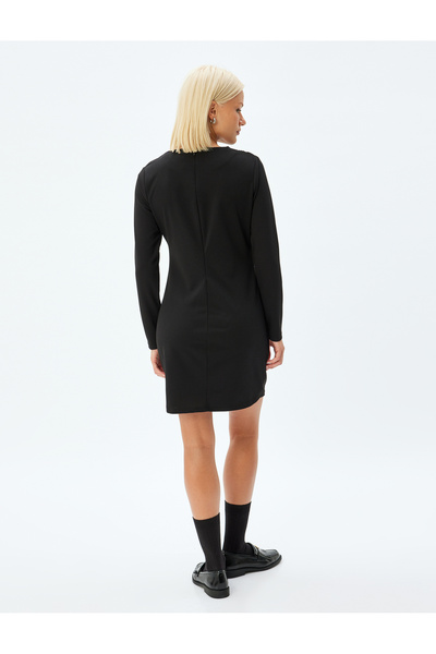 Koton Uzun Kollu Mini Elbise Drape Detaylı Yuvarlak Yaka Slim Fit Krep Scuba Kumaş