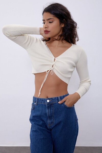 SHERIN V-подібний виріз, звичайний, екрю, жіночий, екрю, V-подібний виріз, декольте, трикотаж, K