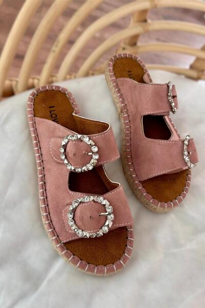 I Love Shoes Γυναικείες παντόφλες Cosin Suede σε χρώμα πούδρα - Λεπτομέρεια από πέτρα