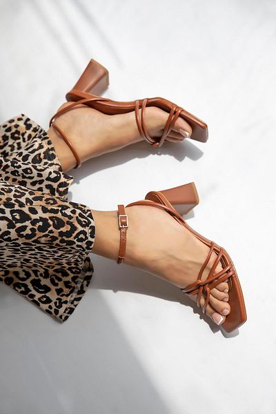 STRASWANS Tan Onika Women's Heeled Leather Sandals