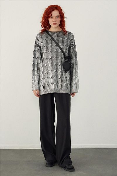 SHERIN Pulover oversize tricotat cu imprimeu folie gri