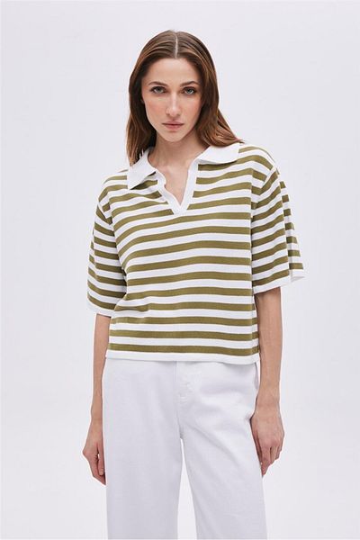 SHERIN Ecru Khaki Polo Collar Striped Sweater