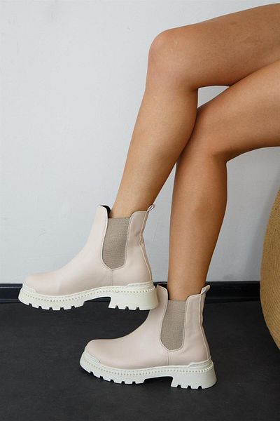 ShoeTek Dámské kozačky Keira béžová kůže s bočními elastickými prvky