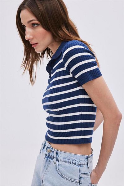 SHERIN Pulover cu guler polo bleumarin din tricotaje cu dungi
