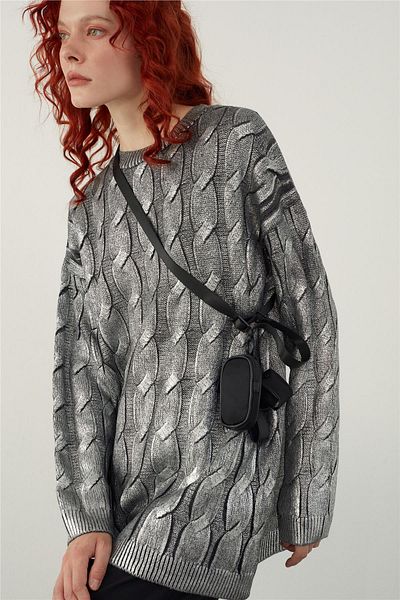 SHERIN Pulover oversize tricotat cu imprimeu folie gri