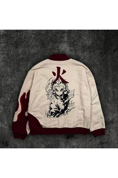 Köstebek Unisex Beige Bomber Jacket - Anime Flame Hashira Kyojuro Rengoku Design